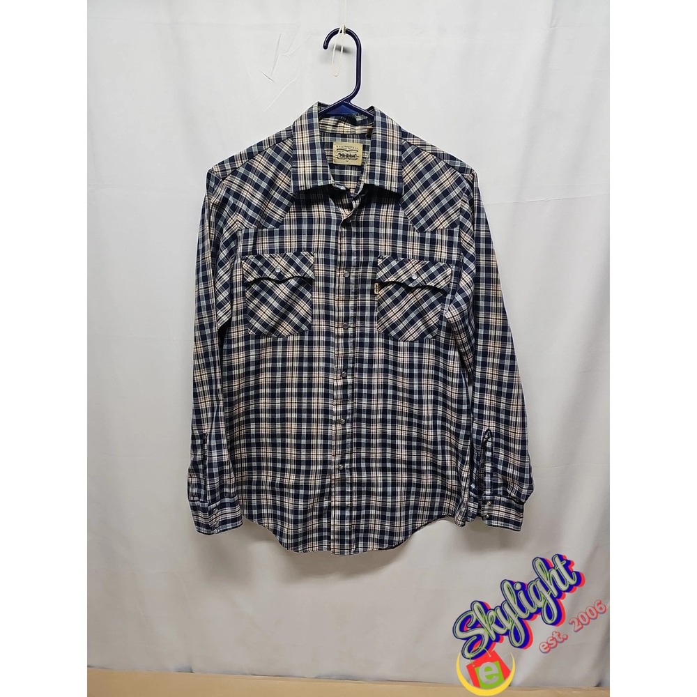 Levis Mens Blue Vintage Plaid Pearl Snap Western Shirt Long Sleeve Sz M